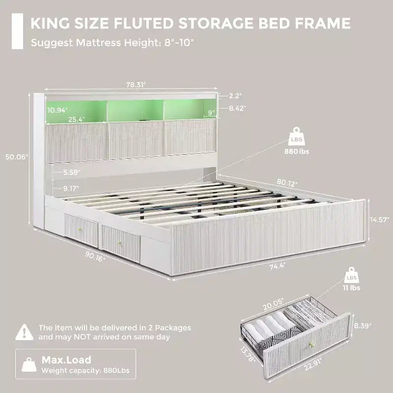 King-Size-Plattformbettrahmen mit Kopfteil, Beleuchtung, Ladestation und 4 Schubladen