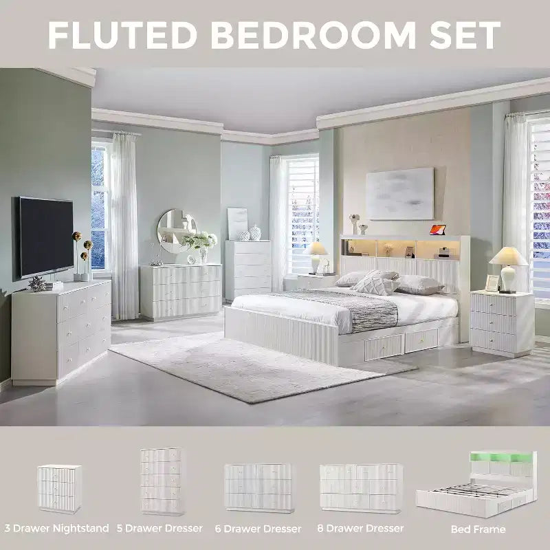 King-Size-Plattformbettrahmen mit Kopfteil, Beleuchtung, Ladestation und 4 Schubladen