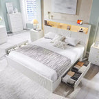 King Size Bed Frame with Headboard, Modern Wooden Platform Bed Frame with Lights & Charging Station & Drawers, No Box Spring Needed