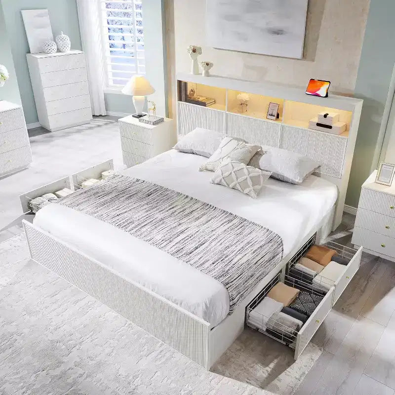King Size Bed Frame with Headboard, Modern Wooden Platform Bed Frame with Lights & Charging Station & Drawers, No Box Spring Needed