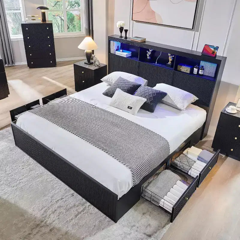 King-Size-Plattformbettrahmen mit Kopfteil, Beleuchtung, Ladestation und 4 Schubladen
