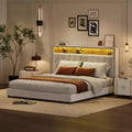 Coolmee Full/Queen/King Size Bed Frame with LED Lights, Upholstered Platform Bed with Charging Station and 2-Tier Storage Headboard