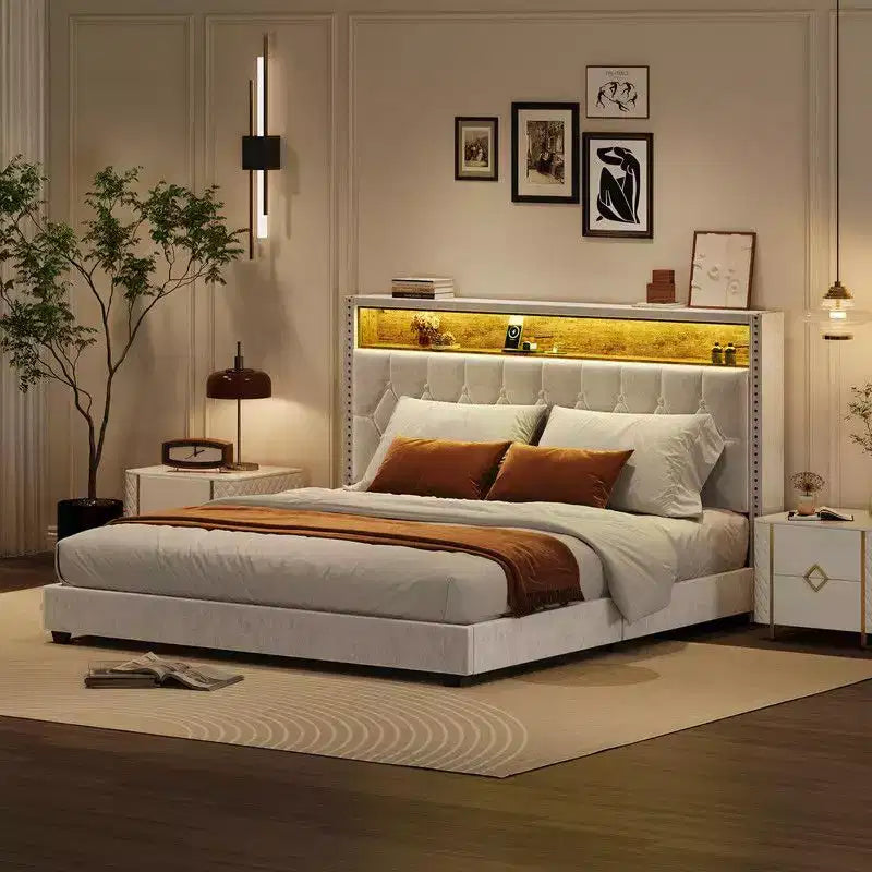 Coolmee Full/Queen/King Size Bed Frame with LED Lights, Upholstered Platform Bed with Charging Station and 2-Tier Storage Headboard