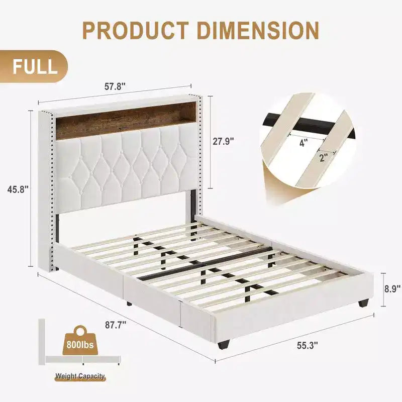 Bettrahmen in Full/Queen/King-Size mit LED-Beleuchtung, gepolstertes Plattformbett mit Ladestation und 2-stöckigem Stauraum-Kopfteil
