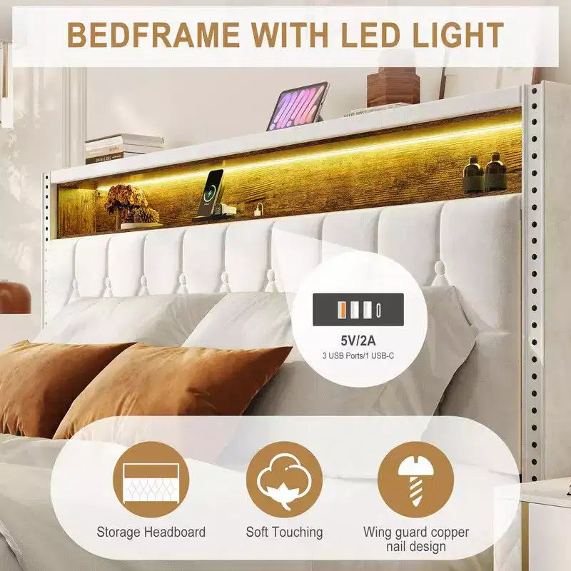 Bettrahmen in Full/Queen/King-Size mit LED-Beleuchtung, gepolstertes Plattformbett mit Ladestation und 2-stöckigem Stauraum-Kopfteil