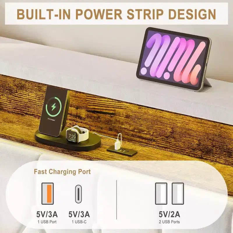 Bettrahmen in Full/Queen/King-Size mit LED-Beleuchtung, gepolstertes Plattformbett mit Ladestation und 2-stöckigem Stauraum-Kopfteil