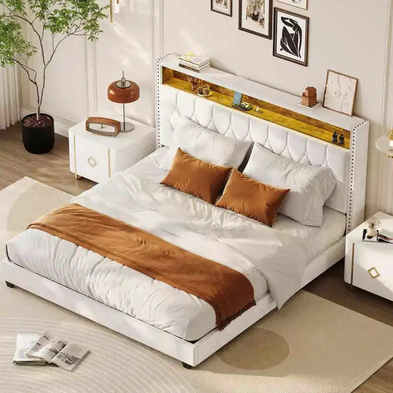 Bettrahmen in Full/Queen/King-Size mit LED-Beleuchtung, gepolstertes Plattformbett mit Ladestation und 2-stöckigem Stauraum-Kopfteil