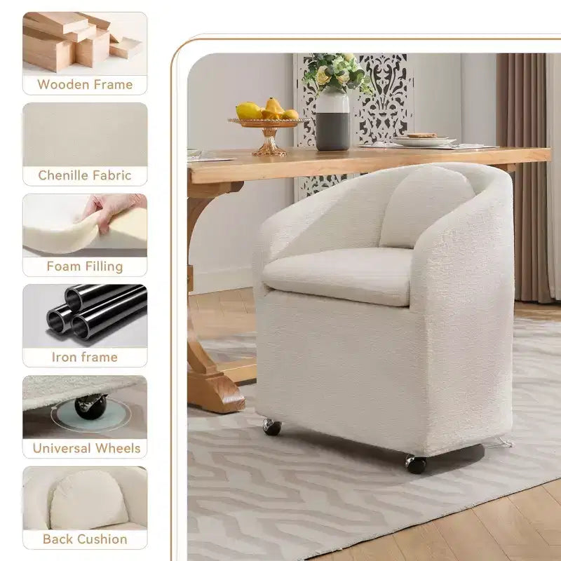 Moderner Chenille-Drehsessel mit abgerundeter Rückenlehne und 360°-Drehfuß, für Wohn- oder Schlafzimmer, Beige