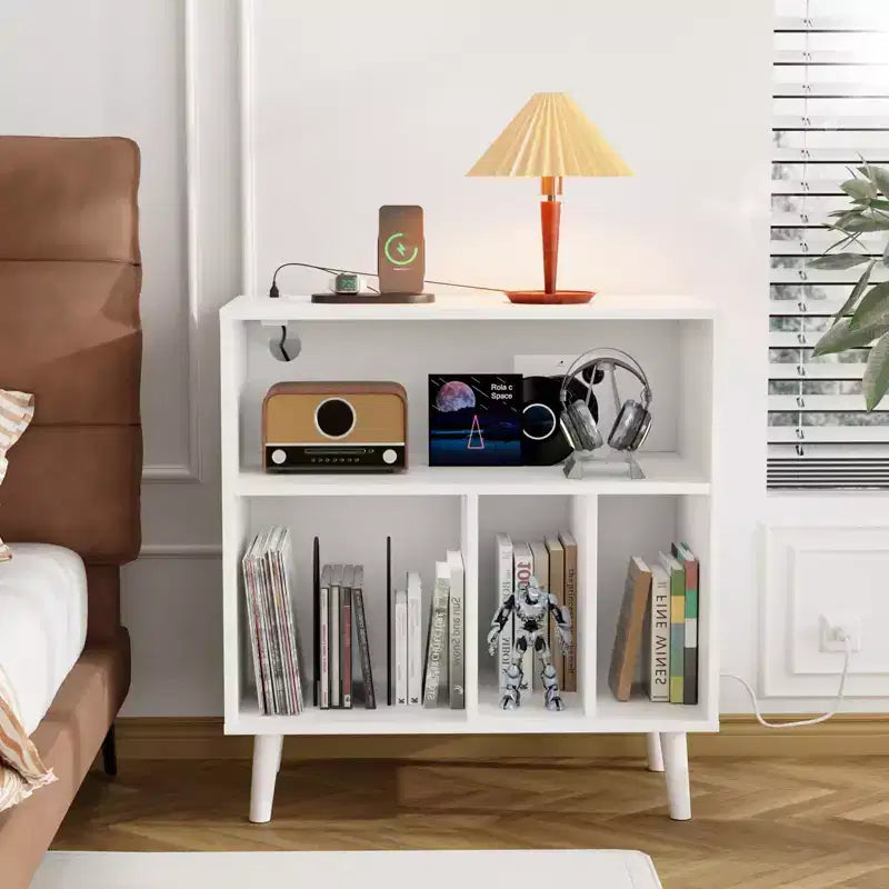 Karl Home Large Record Player Stand Storage with LED Lights  Charging Station