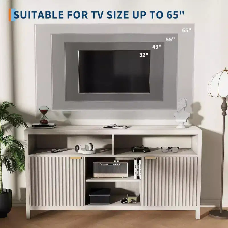 Geriffelter TV-Schrank für 65-Zoll-Fernseher, Mid-Century Modern Medienkonsole mit verstellbaren Einlegeböden, schmales Bauernhaus-Unterhaltungsmöbel