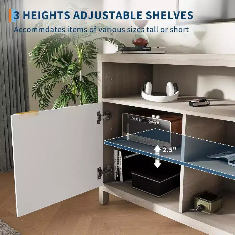 Geriffelter TV-Schrank für 65-Zoll-Fernseher, Mid-Century Modern Medienkonsole mit verstellbaren Einlegeböden, schmales Bauernhaus-Unterhaltungsmöbel
