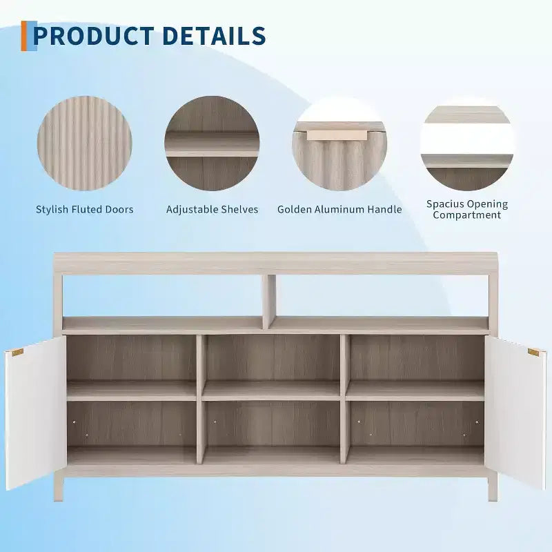 Geriffelter TV-Schrank für 65-Zoll-Fernseher, Mid-Century Modern Medienkonsole mit verstellbaren Einlegeböden, schmales Bauernhaus-Unterhaltungsmöbel