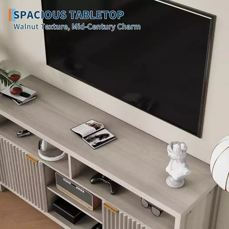 Geriffelter TV-Schrank für 65-Zoll-Fernseher, Mid-Century Modern Medienkonsole mit verstellbaren Einlegeböden, schmales Bauernhaus-Unterhaltungsmöbel
