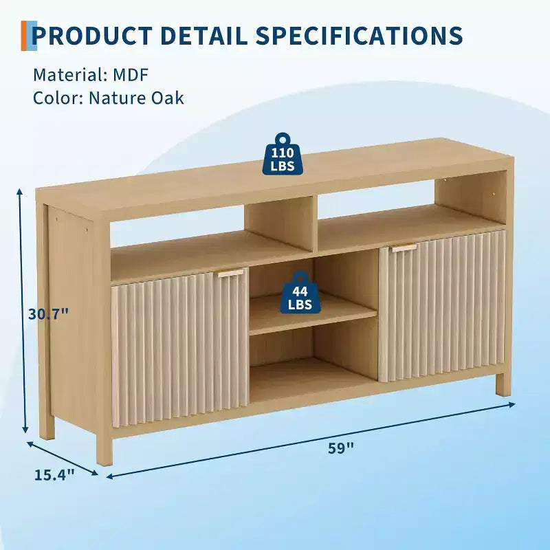 Geriffelter TV-Schrank für 65-Zoll-Fernseher, Mid-Century Modern Medienkonsole mit verstellbaren Einlegeböden, schmales Bauernhaus-Unterhaltungsmöbel