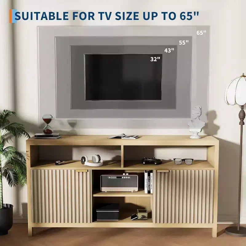 Geriffelter TV-Schrank für 65-Zoll-Fernseher, Mid-Century Modern Medienkonsole mit verstellbaren Einlegeböden, schmales Bauernhaus-Unterhaltungsmöbel