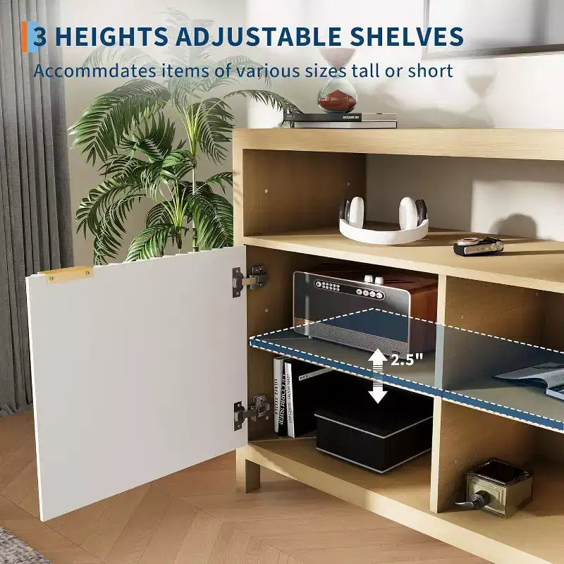 Geriffelter TV-Schrank für 65-Zoll-Fernseher, Mid-Century Modern Medienkonsole mit verstellbaren Einlegeböden, schmales Bauernhaus-Unterhaltungsmöbel