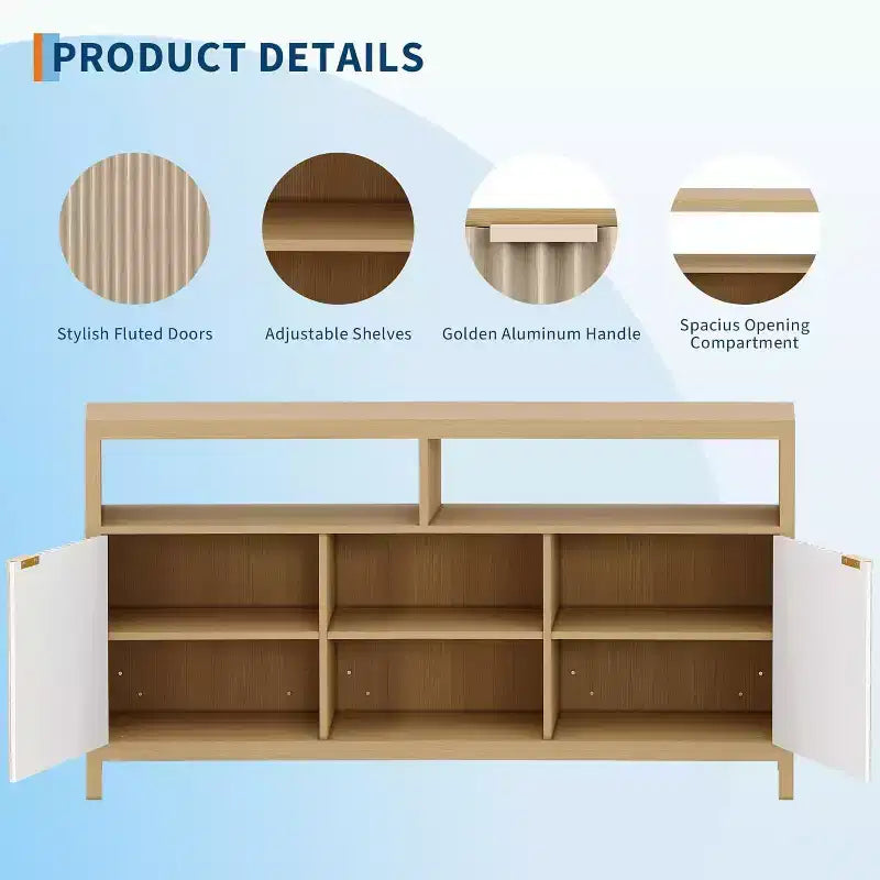 Geriffelter TV-Schrank für 65-Zoll-Fernseher, Mid-Century Modern Medienkonsole mit verstellbaren Einlegeböden, schmales Bauernhaus-Unterhaltungsmöbel