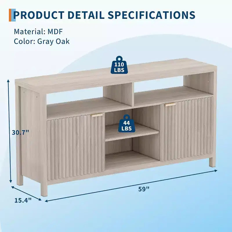 Geriffelter TV-Schrank für 65-Zoll-Fernseher, Mid-Century Modern Medienkonsole mit verstellbaren Einlegeböden, schmales Bauernhaus-Unterhaltungsmöbel