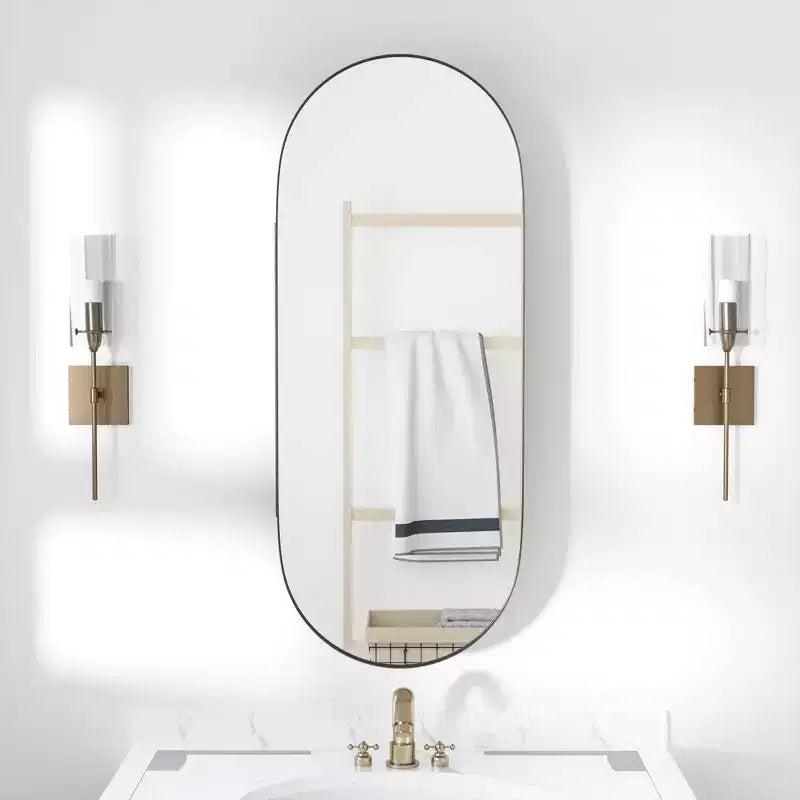 MAYEERTY 32 x 16in Modern Oval Bathroom Medicine Cabinets, Metal Framed Wall Mirror with Storage, Black