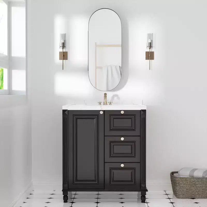 32 x 16 Zoll Moderner ovaler Badezimmerschrank, Wandspiegel mit Metallrahmen und Stauraum, Schwarz