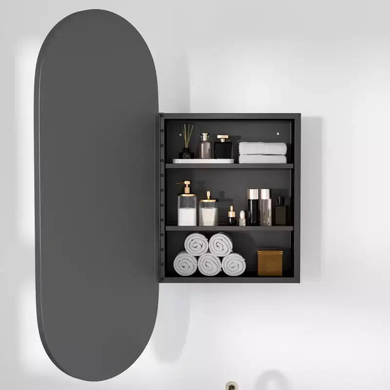 32 x 16 Zoll Moderner ovaler Badezimmerschrank, Wandspiegel mit Metallrahmen und Stauraum, Schwarz