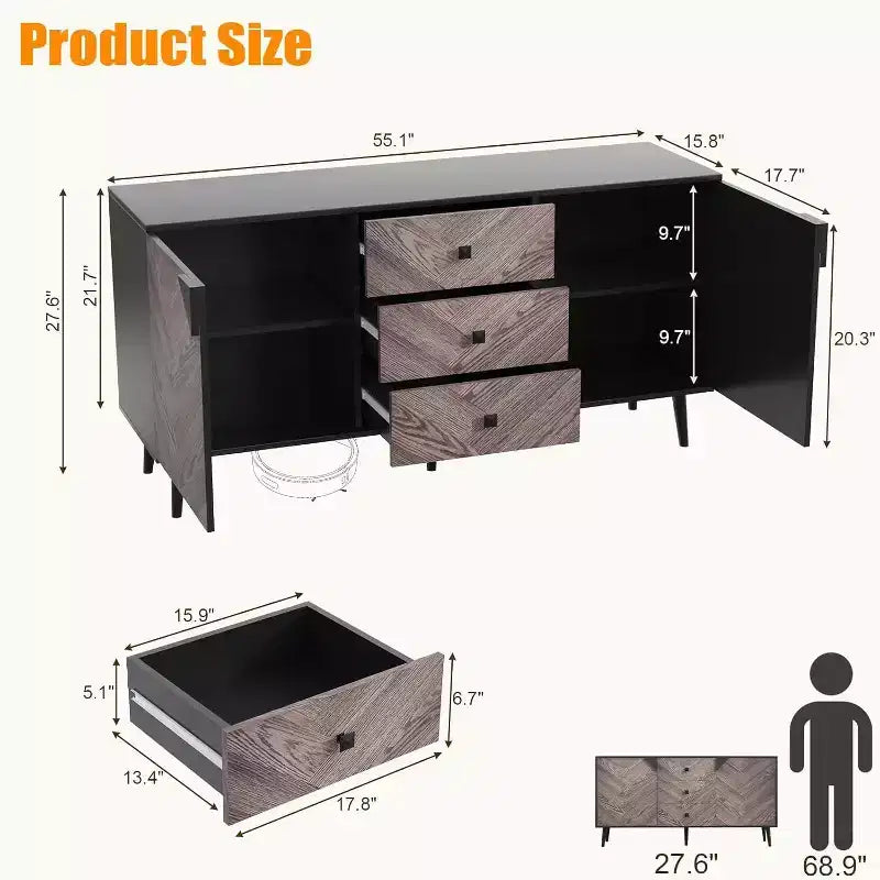 55.1" Moderner Aufbewahrungsschrank, Sideboard-Buffet mit Schubladen und Türen, Akzentschrank für Esszimmer, Flur