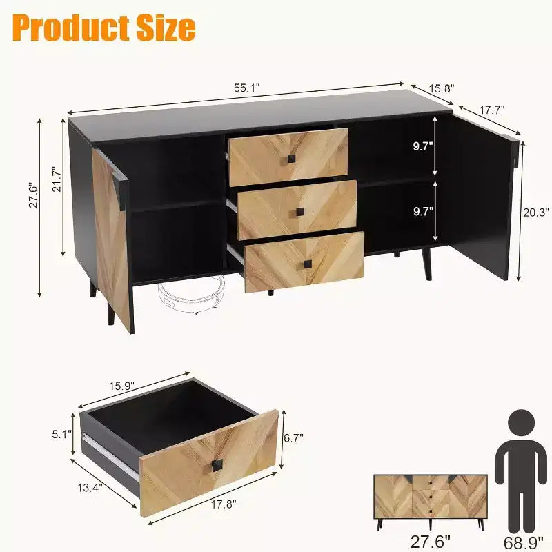 55.1" Moderner Aufbewahrungsschrank, Sideboard-Buffet mit Schubladen und Türen, Akzentschrank für Esszimmer, Flur