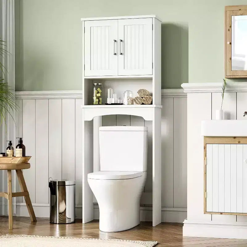 Acekool Over The Toilet Storage Cabinet, Bathroom Organizer with Double Doors, Open Shelf, Tall Space-Saving Design, Anti-Tip Kit, White