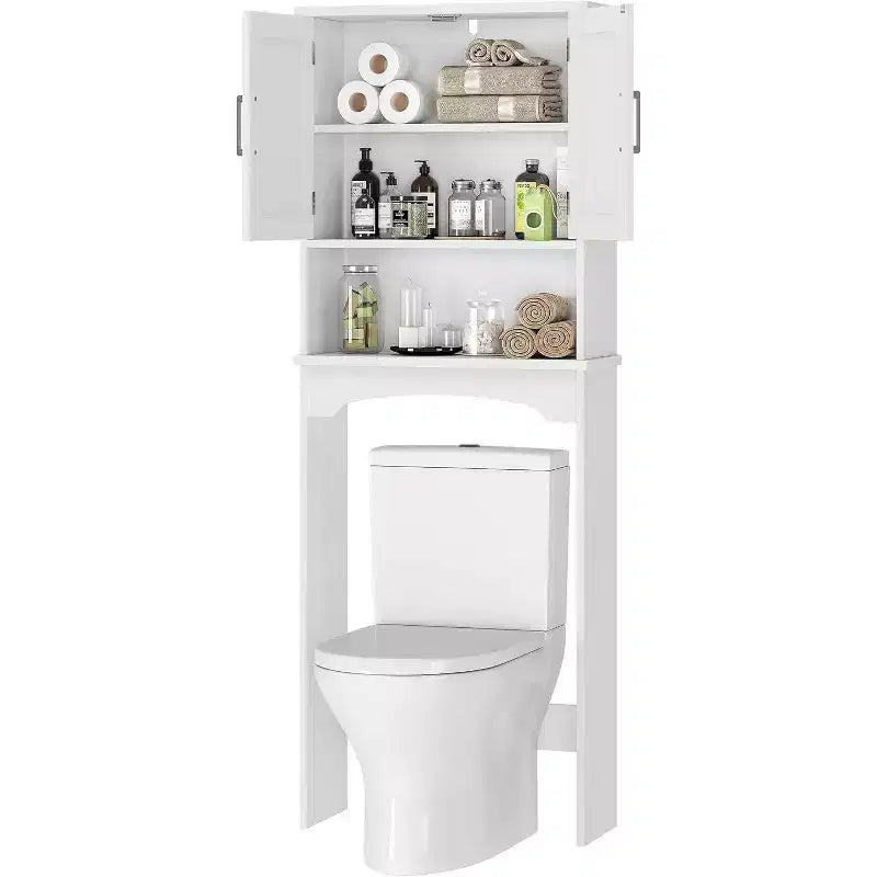 Badezimmerschrank über der Toilette, Badregal mit Doppeltüren, offenes Regal, hohes, platzsparendes Design, Kippschutz, Weiß