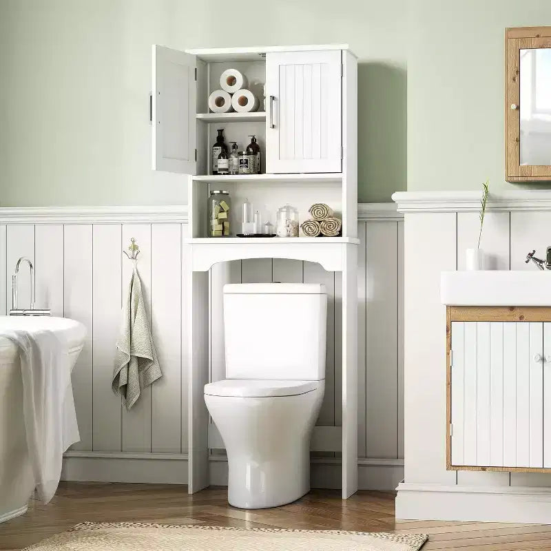 Badezimmerschrank über der Toilette, Badregal mit Doppeltüren, offenes Regal, hohes, platzsparendes Design, Kippschutz, Weiß