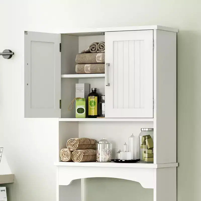 Badezimmerschrank über der Toilette, Badregal mit Doppeltüren, offenes Regal, hohes, platzsparendes Design, Kippschutz, Weiß