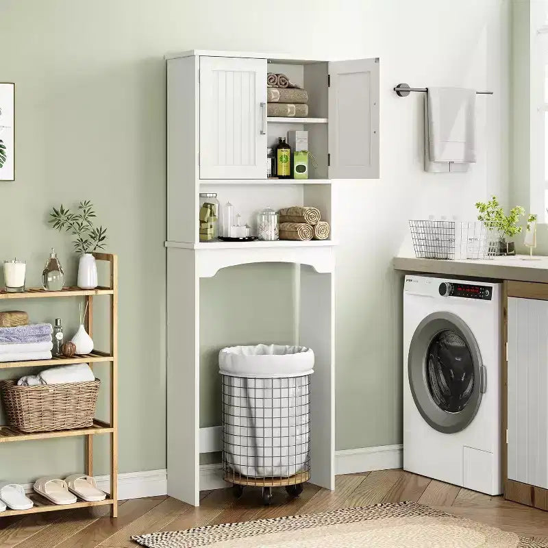 Badezimmerschrank über der Toilette, Badregal mit Doppeltüren, offenes Regal, hohes, platzsparendes Design, Kippschutz, Weiß