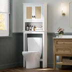 Acekool Over The Toilet Storage Cabinet, Farmhouse Bathroom Organizer with Rattan Doors, Adjustable Shelf, White Bathroom Cabinet