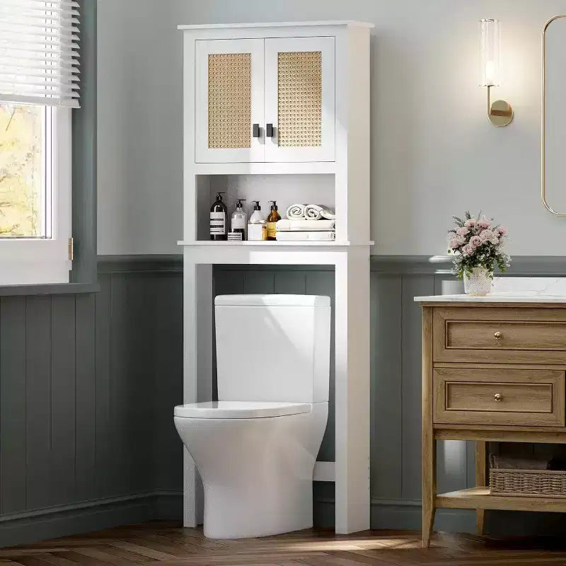 Acekool Over The Toilet Storage Cabinet, Farmhouse Bathroom Organizer with Rattan Doors, Adjustable Shelf, White Bathroom Cabinet