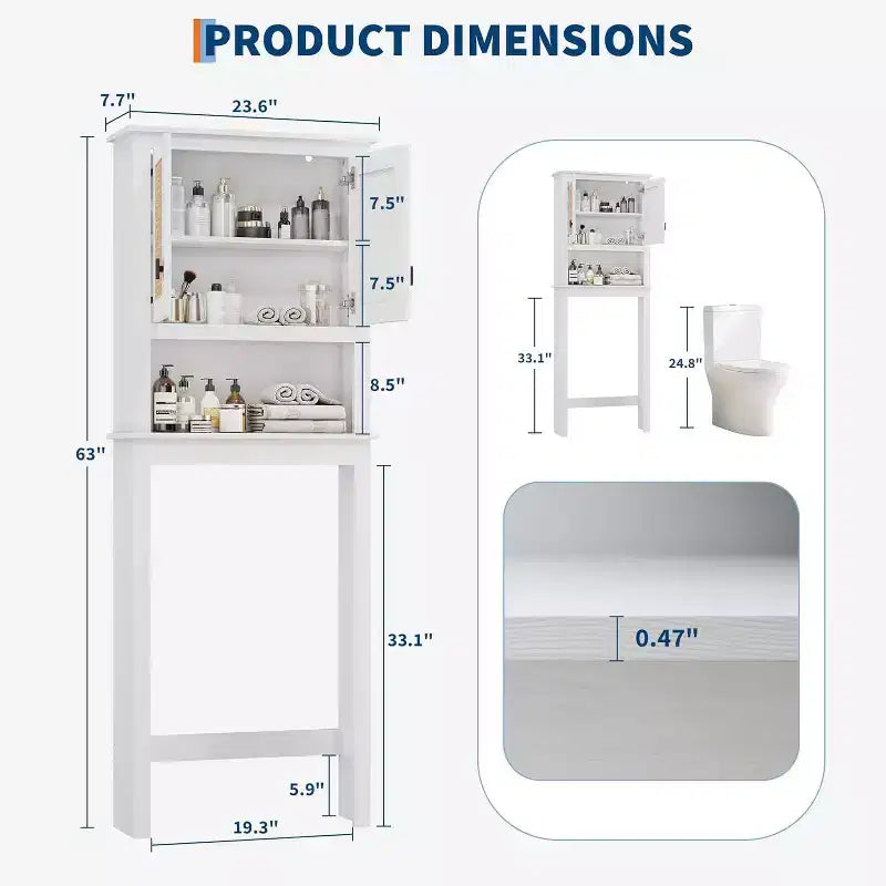 Toilettenschrank, Badezimmer-Organizer im Landhausstil mit Rattantüren, verstellbarem Regal, weißer Badezimmerschrank
