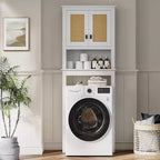 Toilettenschrank, Badezimmer-Organizer im Landhausstil mit Rattantüren, verstellbarem Regal, weißer Badezimmerschrank