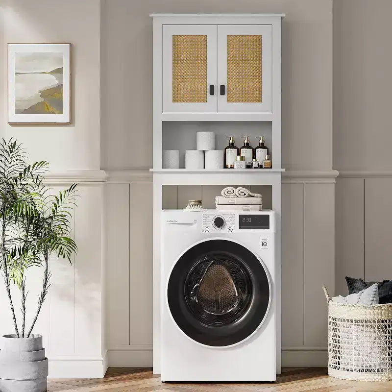 Toilettenschrank, Badezimmer-Organizer im Landhausstil mit Rattantüren, verstellbarem Regal, weißer Badezimmerschrank
