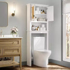 Toilettenschrank, Badezimmer-Organizer im Landhausstil mit Rattantüren, verstellbarem Regal, weißer Badezimmerschrank
