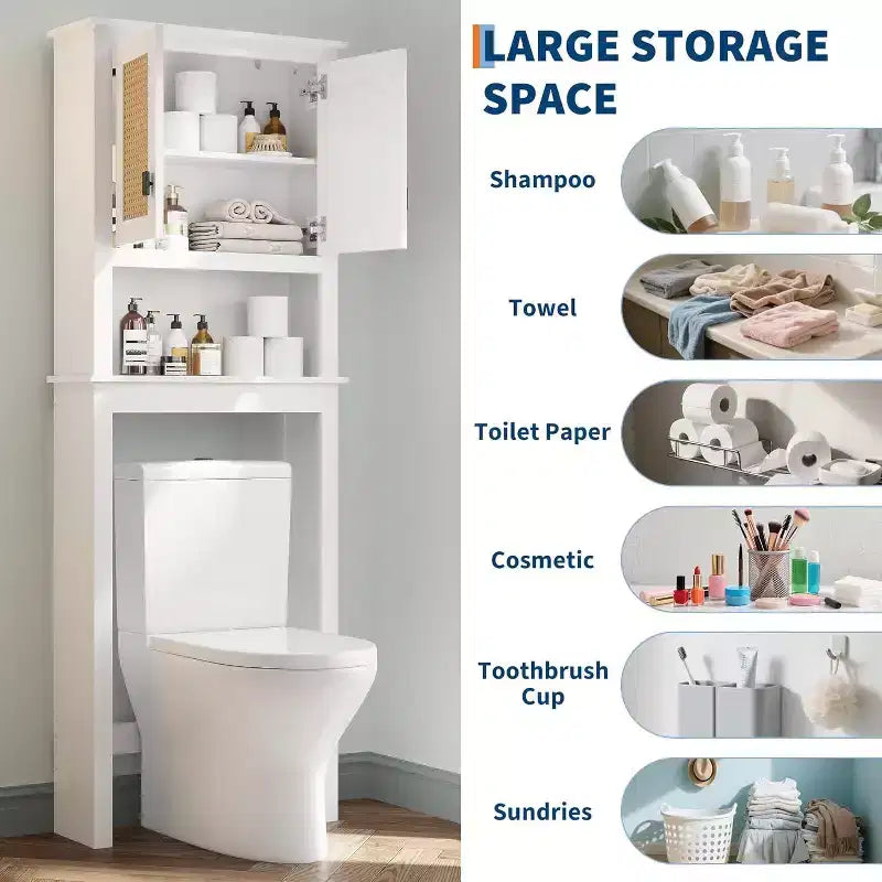 Toilettenschrank, Badezimmer-Organizer im Landhausstil mit Rattantüren, verstellbarem Regal, weißer Badezimmerschrank