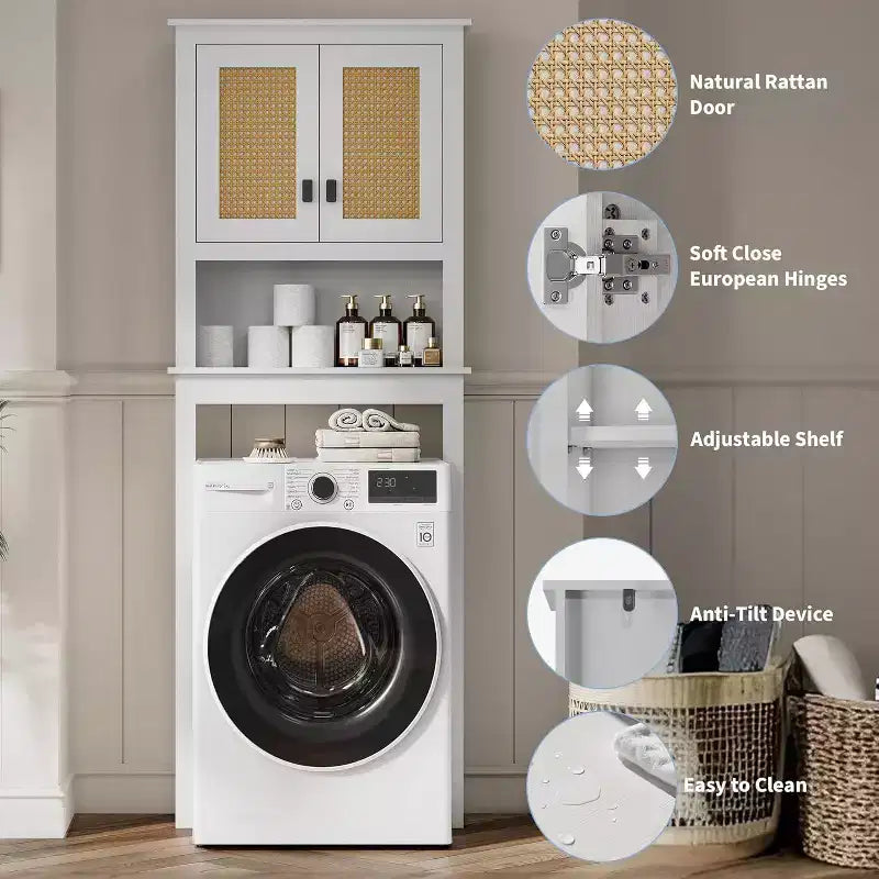 Toilettenschrank, Badezimmer-Organizer im Landhausstil mit Rattantüren, verstellbarem Regal, weißer Badezimmerschrank