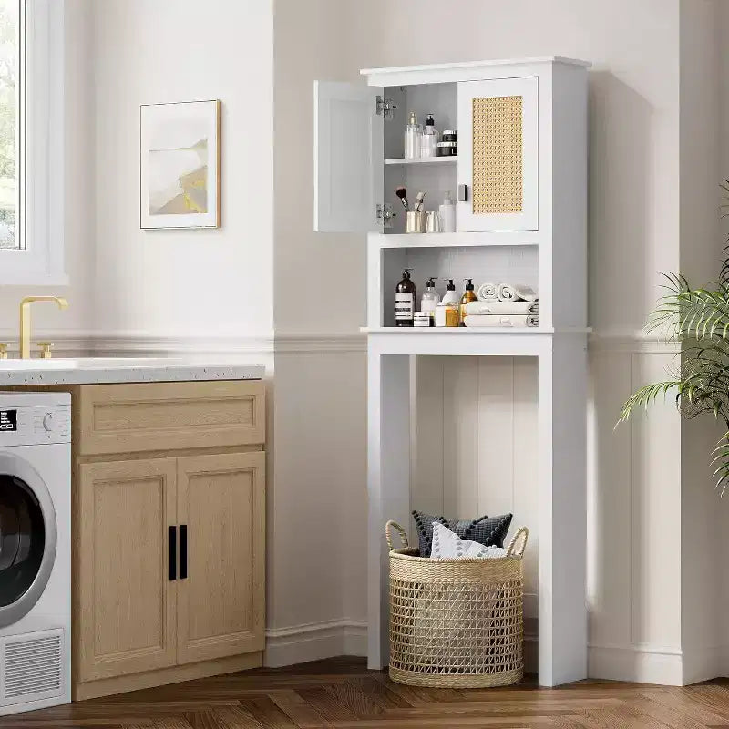 Toilettenschrank, Badezimmer-Organizer im Landhausstil mit Rattantüren, verstellbarem Regal, weißer Badezimmerschrank