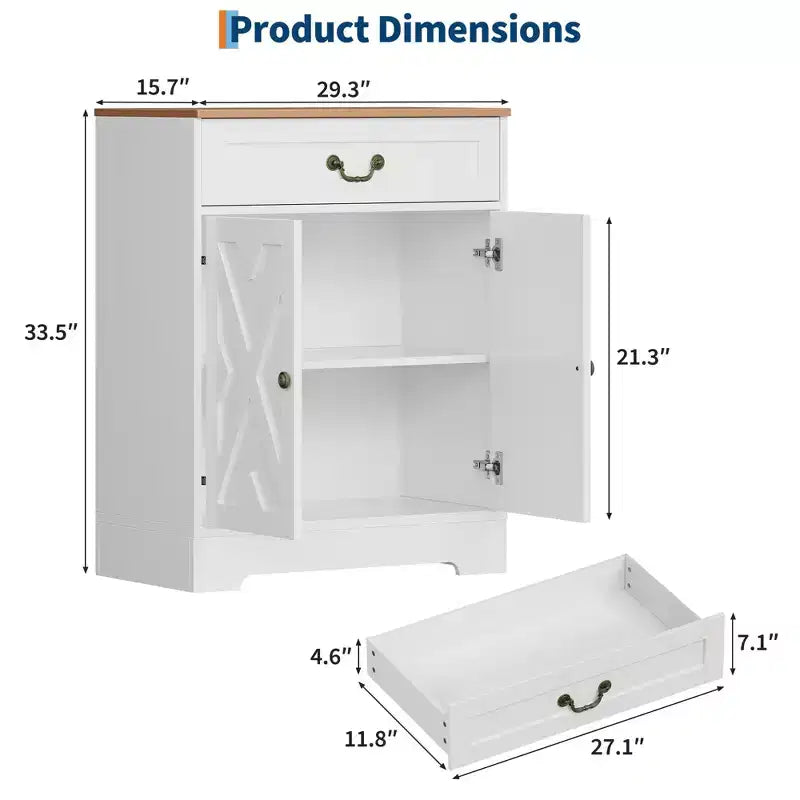 Bauernhaus-Buffetschrank mit Stauraum, weißes Sideboard mit 4 Türen und 2 Schubladen, Kaffeebar-Schrank mit verstellbaren Einlegeböden, multifunktionale Aufbewahrung