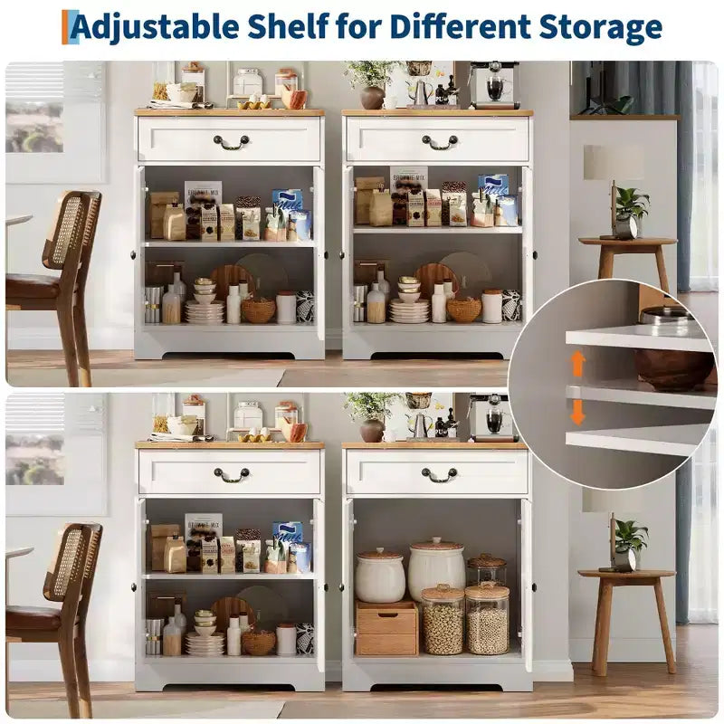 Bauernhaus-Buffetschrank mit Stauraum, weißes Sideboard mit 4 Türen und 2 Schubladen, Kaffeebar-Schrank mit verstellbaren Einlegeböden, multifunktionale Aufbewahrung