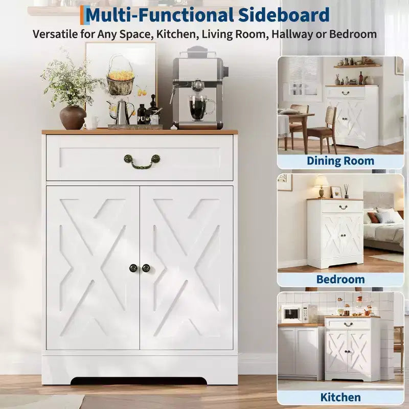Bauernhaus-Buffetschrank mit Stauraum, weißes Sideboard mit 4 Türen und 2 Schubladen, Kaffeebar-Schrank mit verstellbaren Einlegeböden, multifunktionale Aufbewahrung