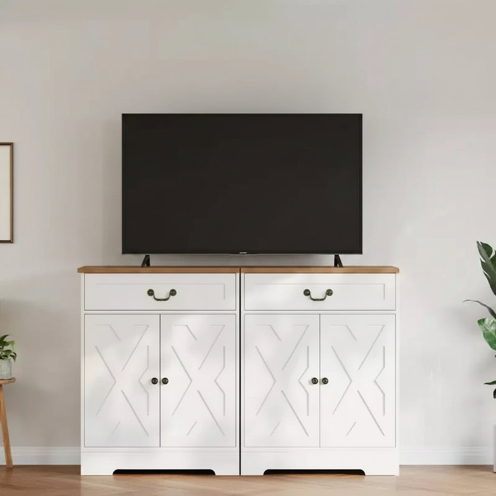 Bauernhaus-Buffetschrank mit Stauraum, weißes Sideboard mit 4 Türen und 2 Schubladen, Kaffeebar-Schrank mit verstellbaren Einlegeböden, multifunktionale Aufbewahrung