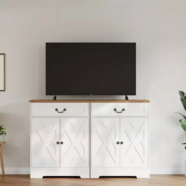 Bauernhaus-Buffetschrank mit Stauraum, weißes Sideboard mit 4 Türen und 2 Schubladen, Kaffeebar-Schrank mit verstellbaren Einlegeböden, multifunktionale Aufbewahrung