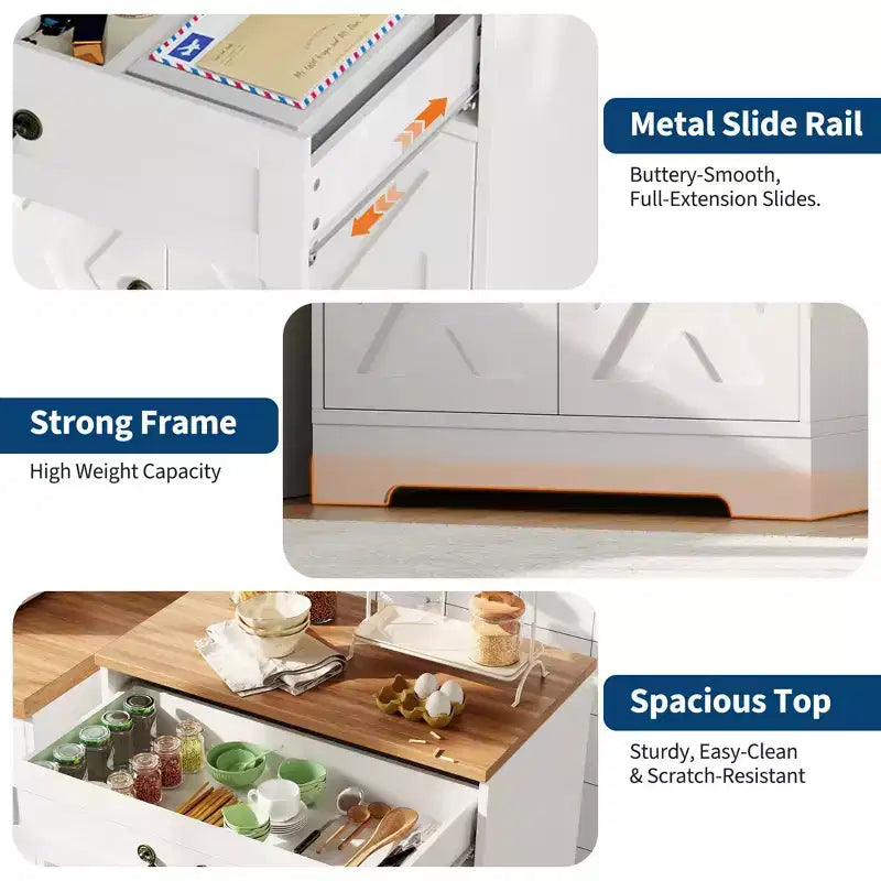 Bauernhaus-Buffetschrank mit Stauraum, weißes Sideboard mit 4 Türen und 2 Schubladen, Kaffeebar-Schrank mit verstellbaren Einlegeböden, multifunktionale Aufbewahrung