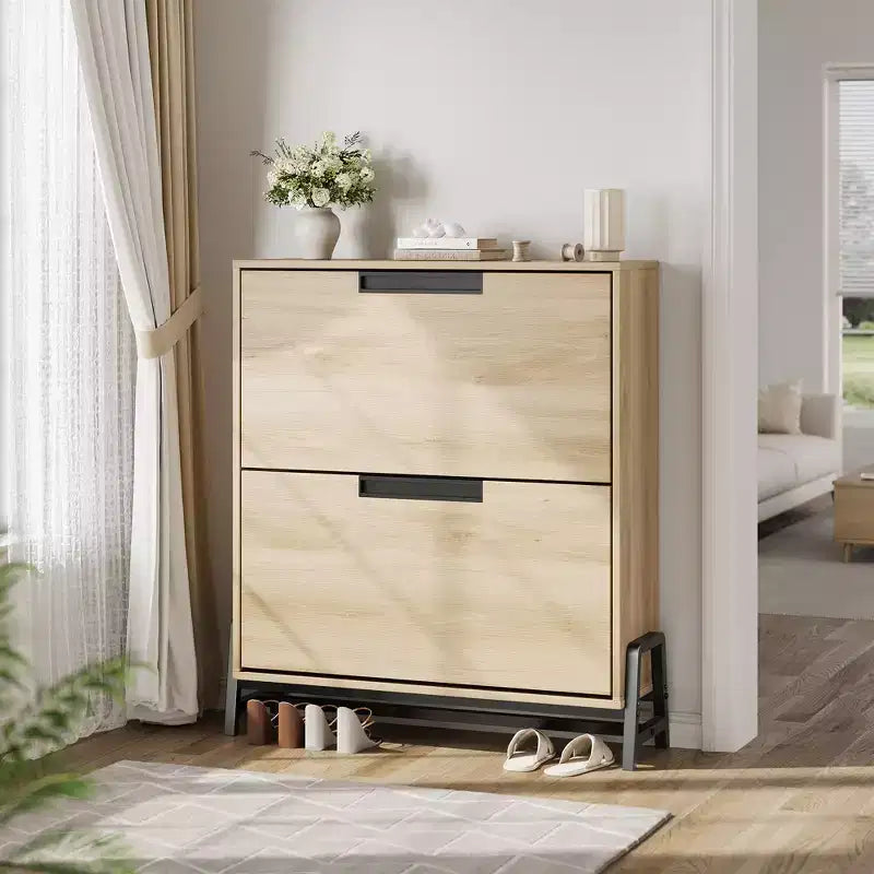 Schuhschrank mit 2 Klappfächern und Metallbeinen, freistehendes schmales Schuhregal, platzsparender Eichenholz-Schuh-Organizer für den Eingangsbereich