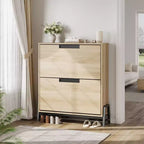 Schuhschrank mit 2 Klappfächern und Metallbeinen, freistehendes schmales Schuhregal, platzsparender Eichenholz-Schuh-Organizer für den Eingangsbereich