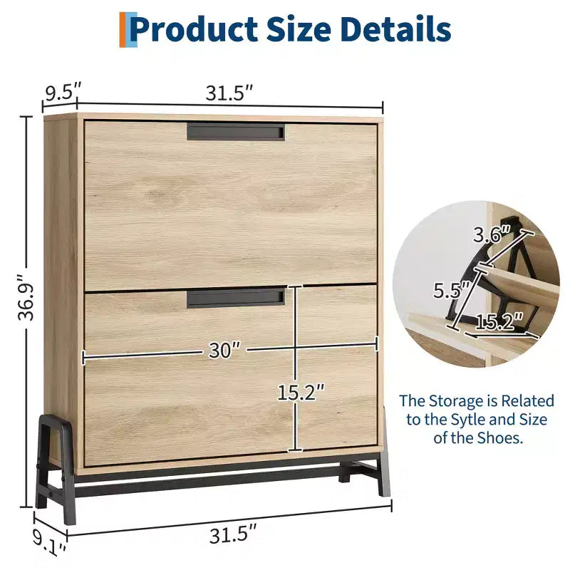 Schuhschrank mit 2 Klappfächern und Metallbeinen, freistehendes schmales Schuhregal, platzsparender Eichenholz-Schuh-Organizer für den Eingangsbereich